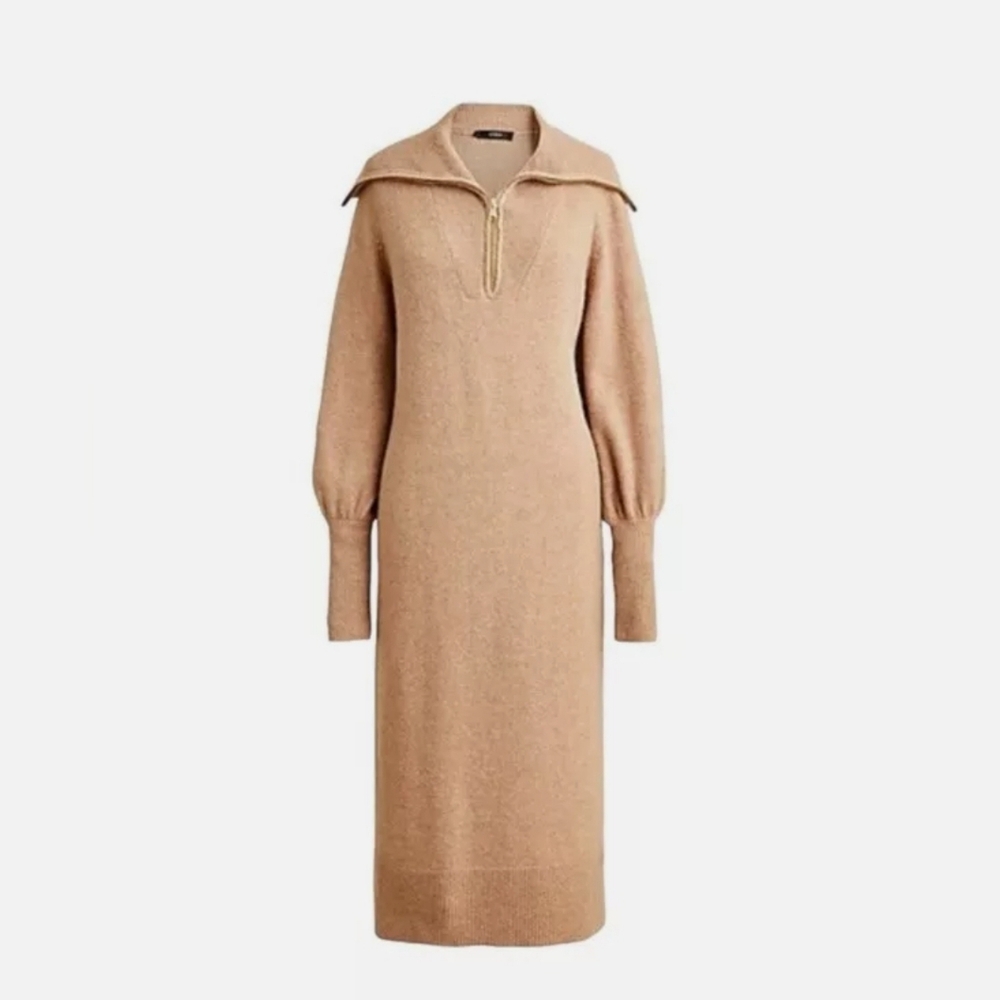 🔥J.Crew Camel Half-Zip Sweater Dress  Supersoft Yarn Alpaca + Wool